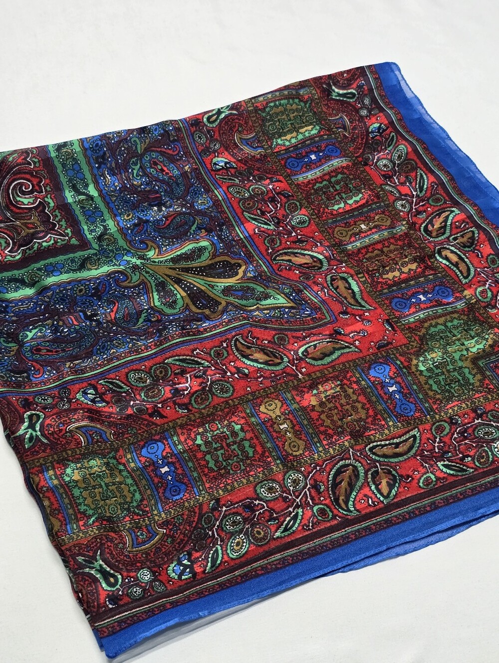 Vintage Berkshire Made In Italy Square Scarf Paisley Plaid Blue Red Green 31x32